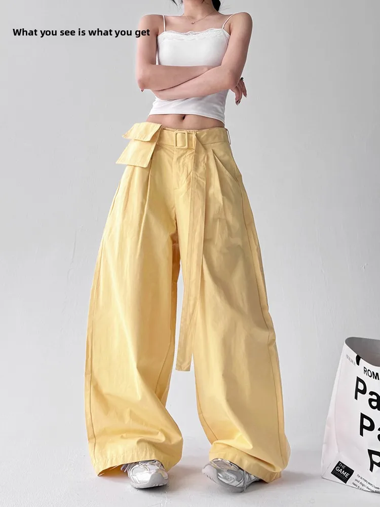 

Summer Thin New Wide Leg Pants Women's High Waist Slimming Loose Yellow Straight Casual Trousers Trendy Commute Sle