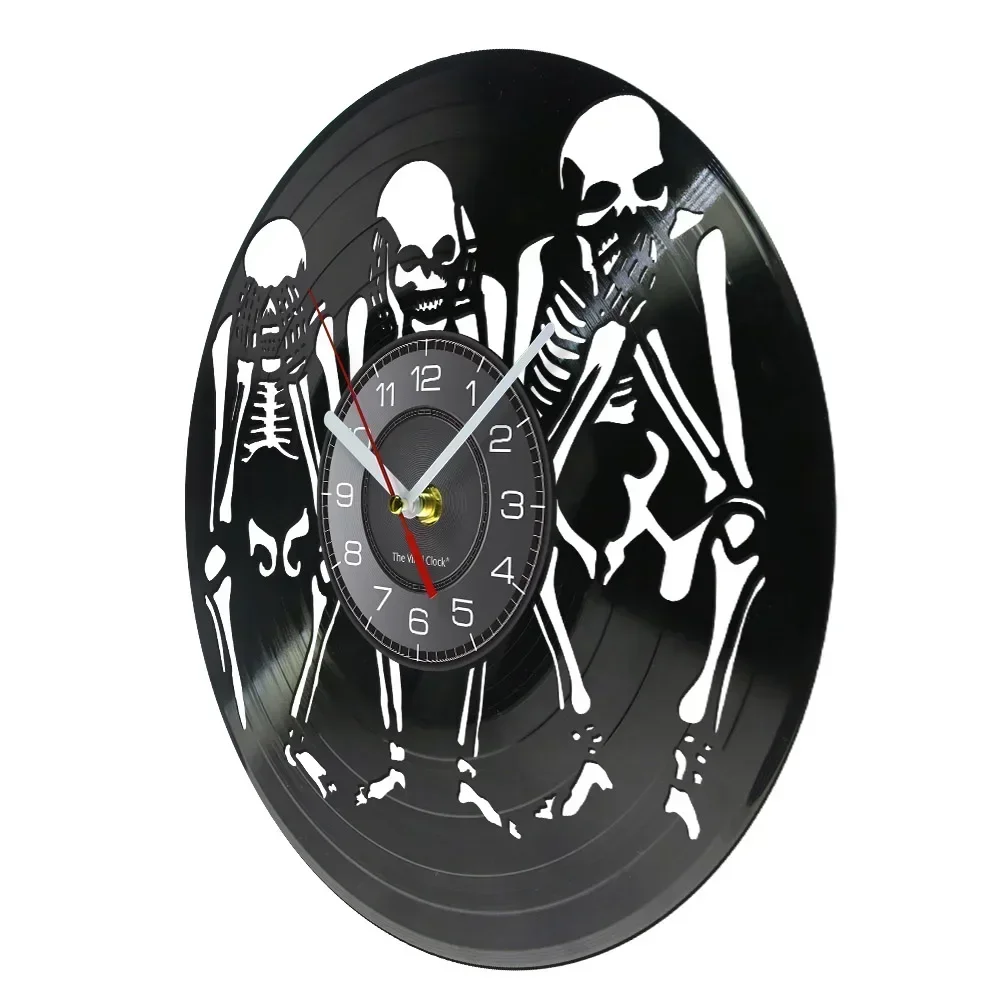 Skulls See No Hear No Speak No Evil Wall Clock Wisdom of The Skulls Wall Art Vinyl Record Clock Halloween Decorative Timepiece