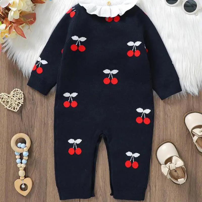 Autumn Winter Baby Clothes Infant Knitted Cherry Lotus Collar Romper Fashion Boy Girl Knitting Jumpsuit Kid Casual One-piece