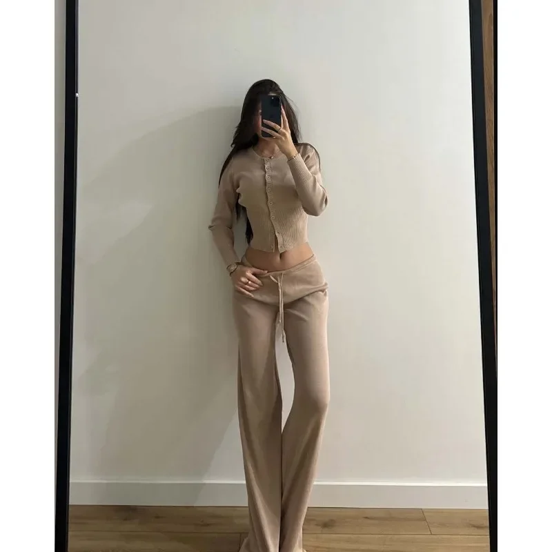 

Knitted Suit European and American Pure Desire Style Sexy Slim Button Long Sleeve Low Waist Casual Trousers Two-piece Set Women