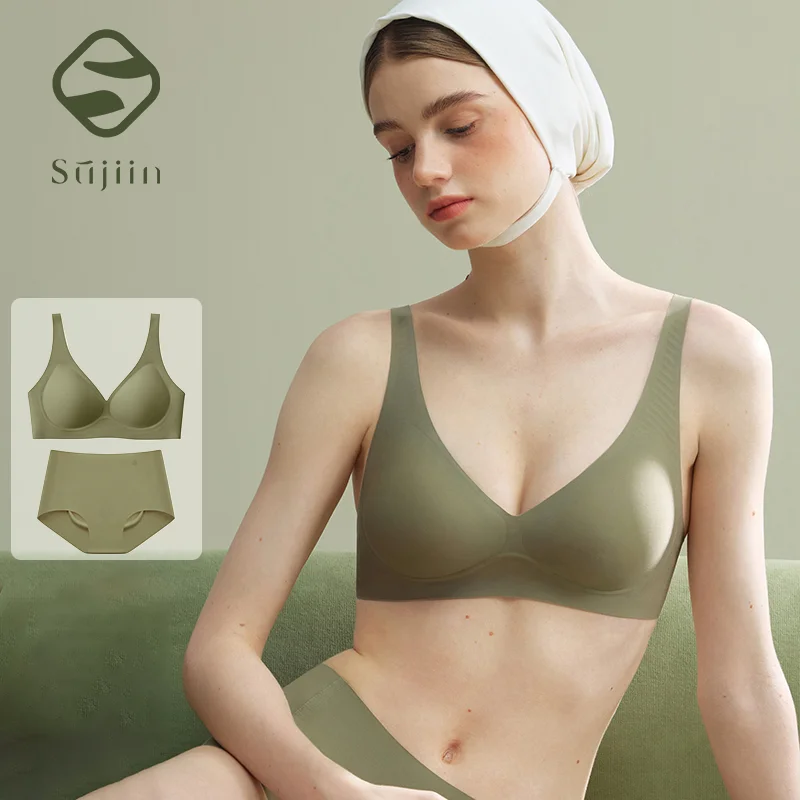

SUJIIN Women's Seamless Push Up Bra and Panty Set Wireless Supportive Plunge Thin Black Bras No Show Panties Women MX074H+N185