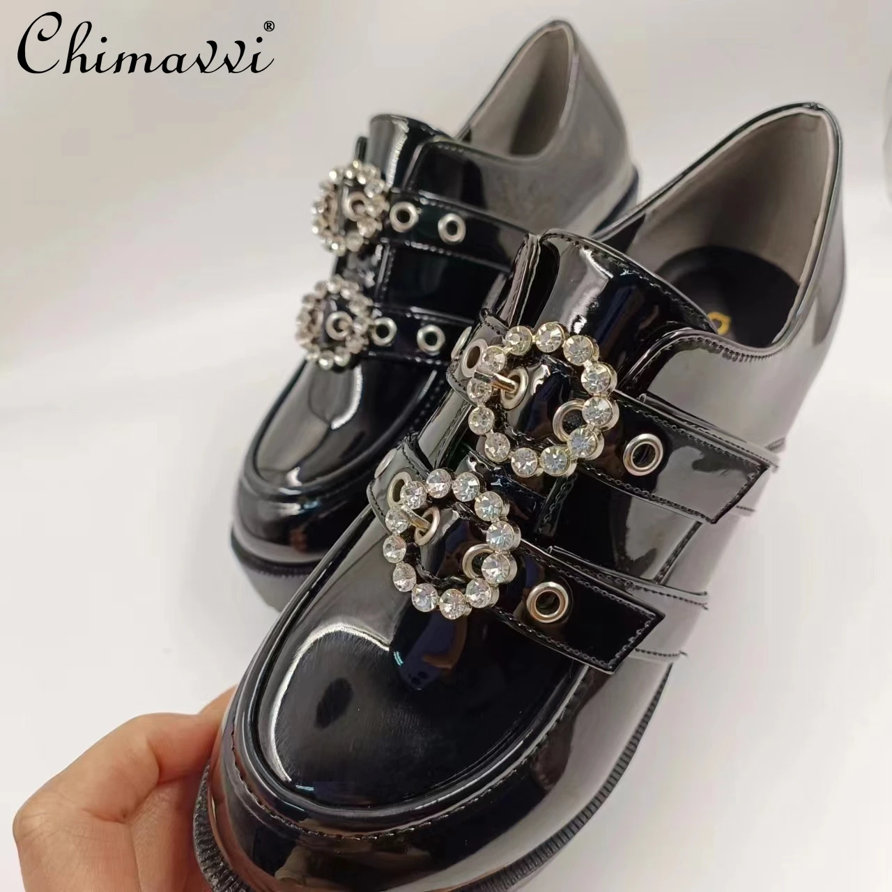 

Japanese Lolita Sweet Round Drill Buckle Shallow Mouth Patent Leather Student JK Platform High Heels Women Mary Janes Shoes