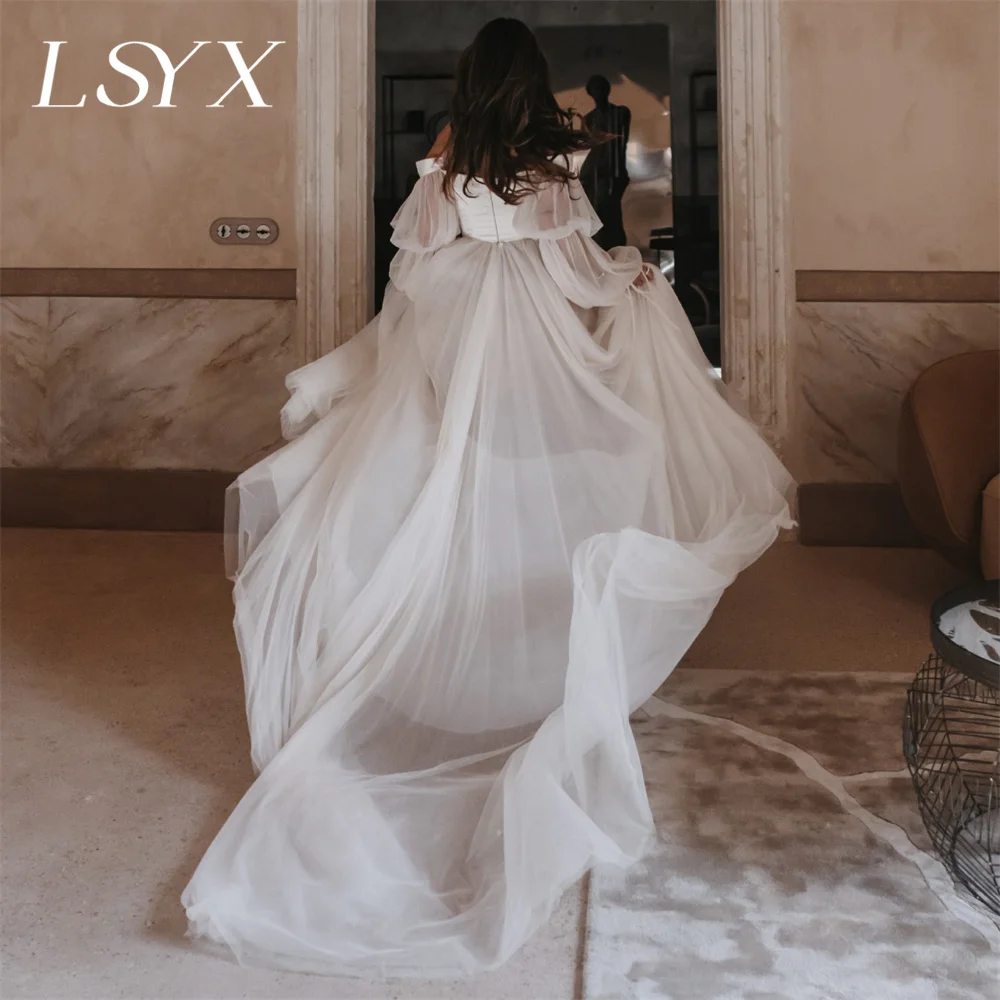 LSYX Boho Off-Shoulder Illusion Long Puff Sleeves Tulle Wedding Dress Zipper Back Court Train Bridal Gown Custom Made