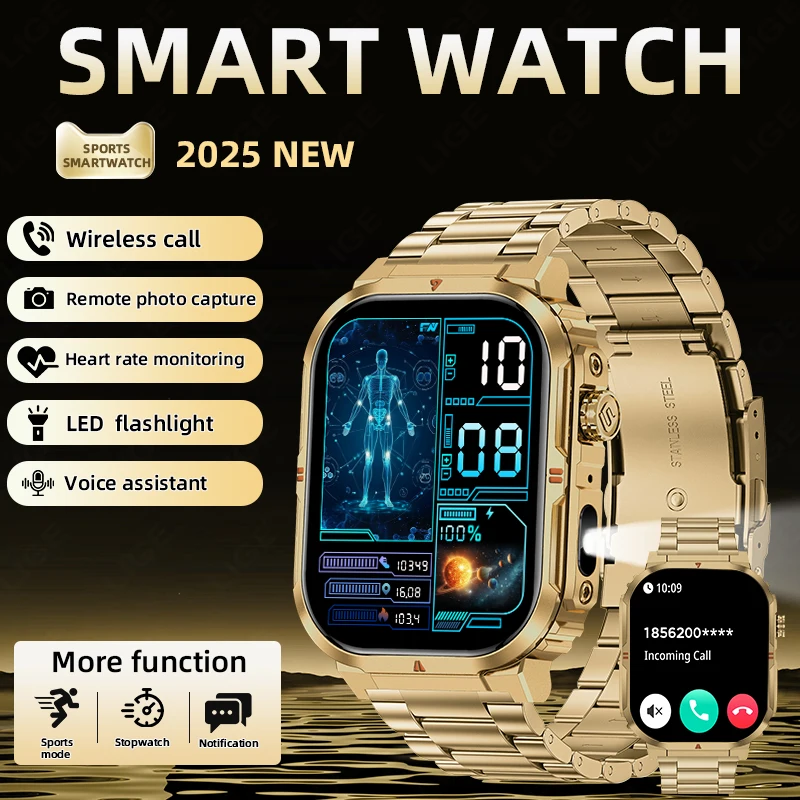

LIGE Luxury Smart Watch Men LED Flashlight 2.01inch HD Screen Bluetooth Call Heart Rate Monitor AI Voice Waterproof Smartwatch