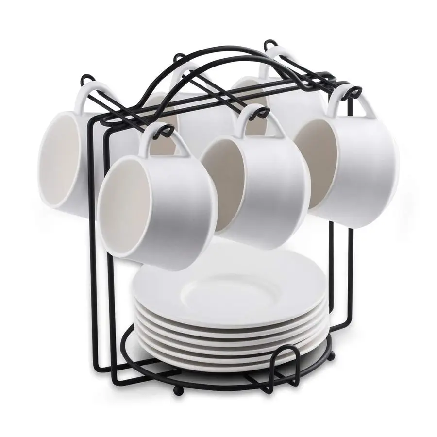 

Espresso Cups Set with Saucers and Metal Stand Coffee Cup Set of 6 4 oz Cappuccino Cups Teacup for Tea Party White