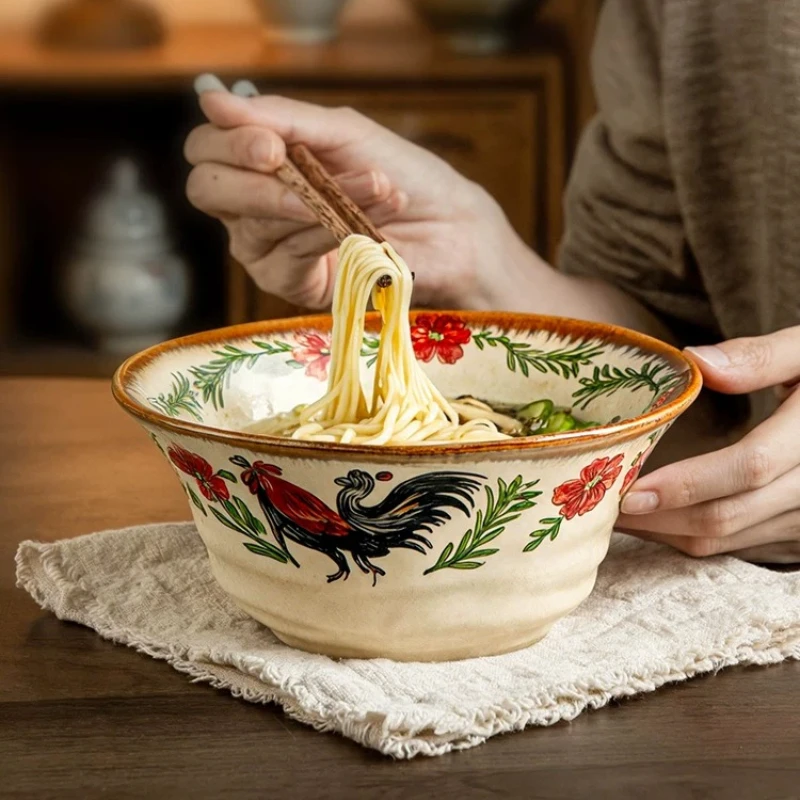 Vintage Rooster Pattern Ceramic Bowl Threaded Large Capacity Soup Salad Rice Bowl Kitchen Tableware Household Goods