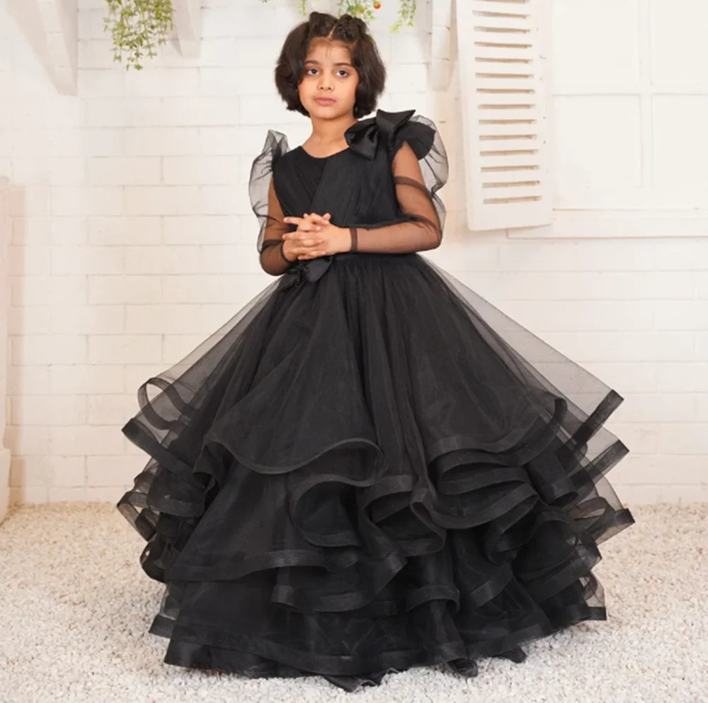 

Pleat Long Puff Sleeve Bow A Line Wedding Party Flower Girl Dress Floor Length Long Ball First Communion Gown New Customized