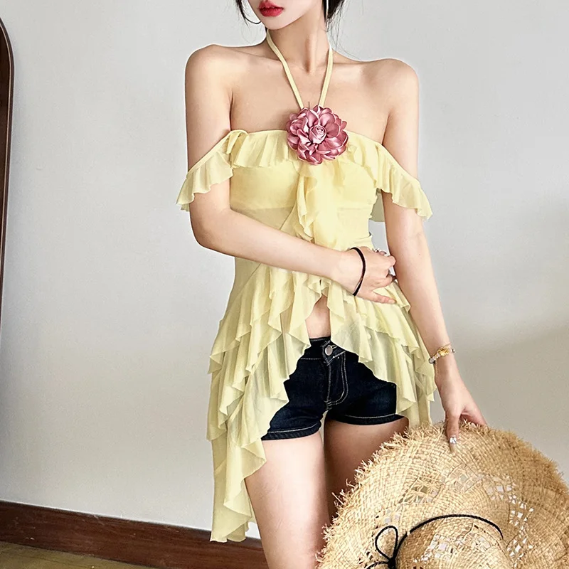 

Spring 2025 Women's Pink Flower Decorative Hemline Tiered Svel Crop Top Thin Knitted Fabric Cross-Border Sle