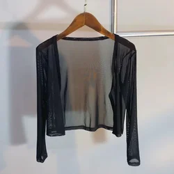 Cardigan de malha curta para as mulheres, cor sólida, ponto aberto, 5 cores, macio, respirável, simples, popular, praia, venda especial