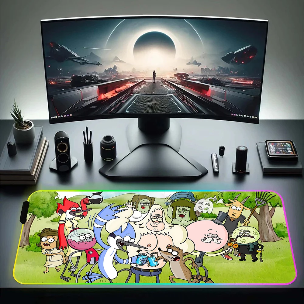 Cartoon R-Regular Show RGB Pc Gamer Keyboard Mouse Pad Mousepad LED Glowing Mouse Mats Rubber Gaming Computer Mausepad