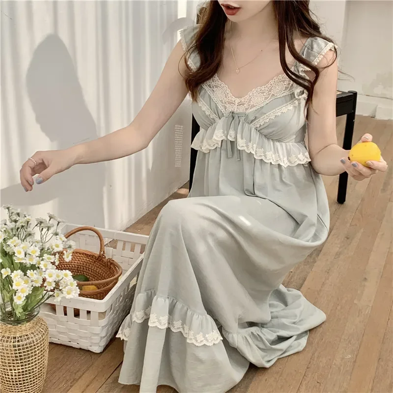 Korean Cute Princess Lace Summer Nightgown Spaghetti Strap Ruffles Long Sleepdress Home Wear Women Nightdress Green Cotton S207