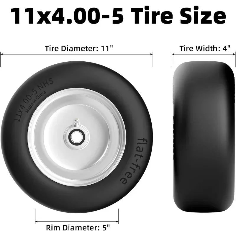 Home.11x4.00-5 Flat Free Lawn Mower Tires, Zero Turn Mowers Solid Smooth Lawn Mower Front Tires, With 5/8