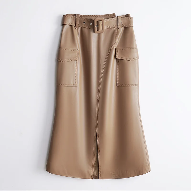 Genuine Leather Skirt for Women, High Waisted Sheepskin, Belt Cargo, All Match, Wrapped Hip, Fishtail, Autumn, Winter