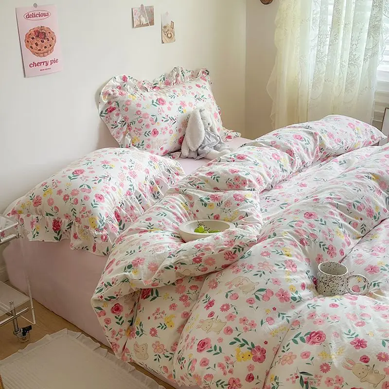 Cute Floral Duvet Cover Set Ins Korean Style with Flat Sheet Pillowcase No filler Washed Cotton Queen Full Twin Home Bed Linen