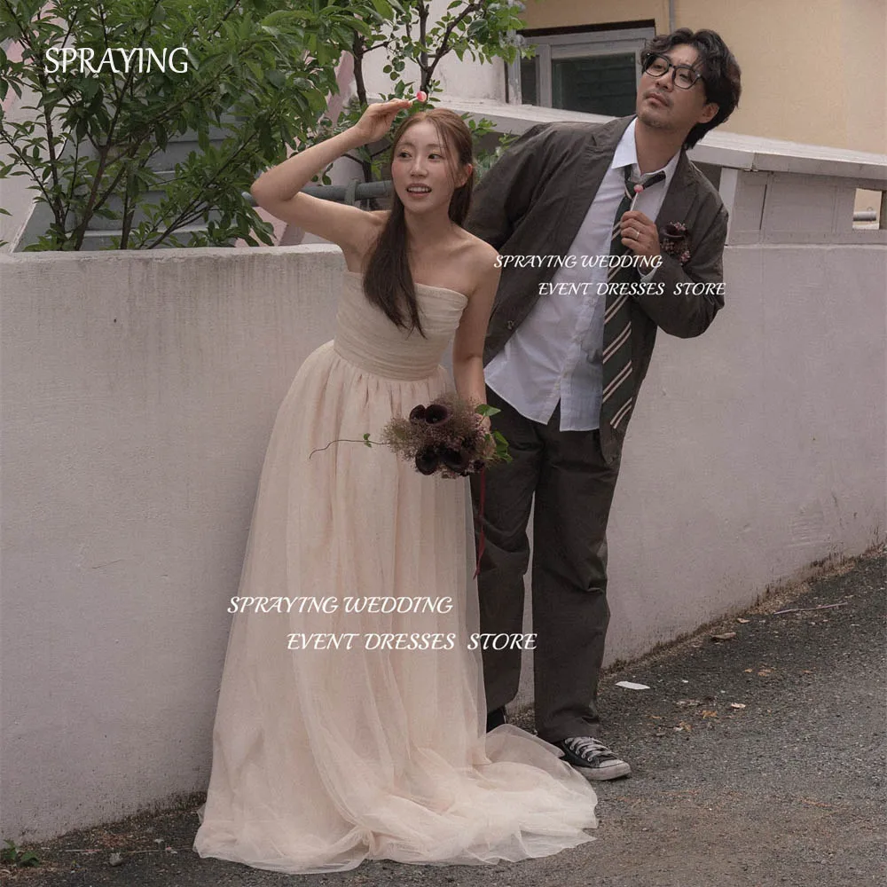 

SPRAYING Tulle Strapless Pleat Korea Wedding Dresses Photo Shoot Floor-Length Long Sleeveless Bridal Gown Corset Back 웨딩드레스