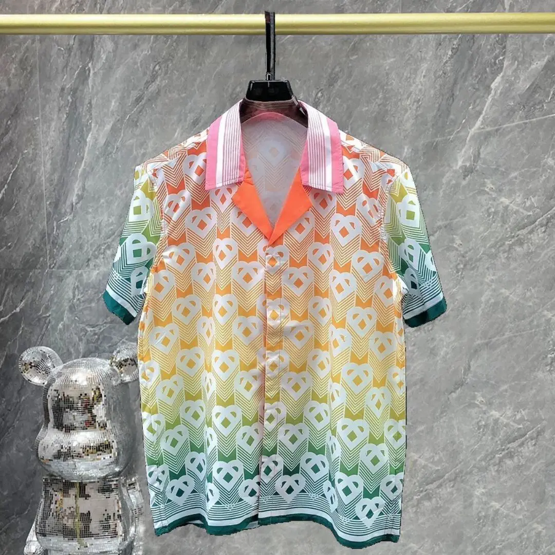 Gradient Heart Monogram Shirt 2024 Summer New Set Short Sleeved Shirt Fancy Print Casual Beach Holiday Chemise Homme