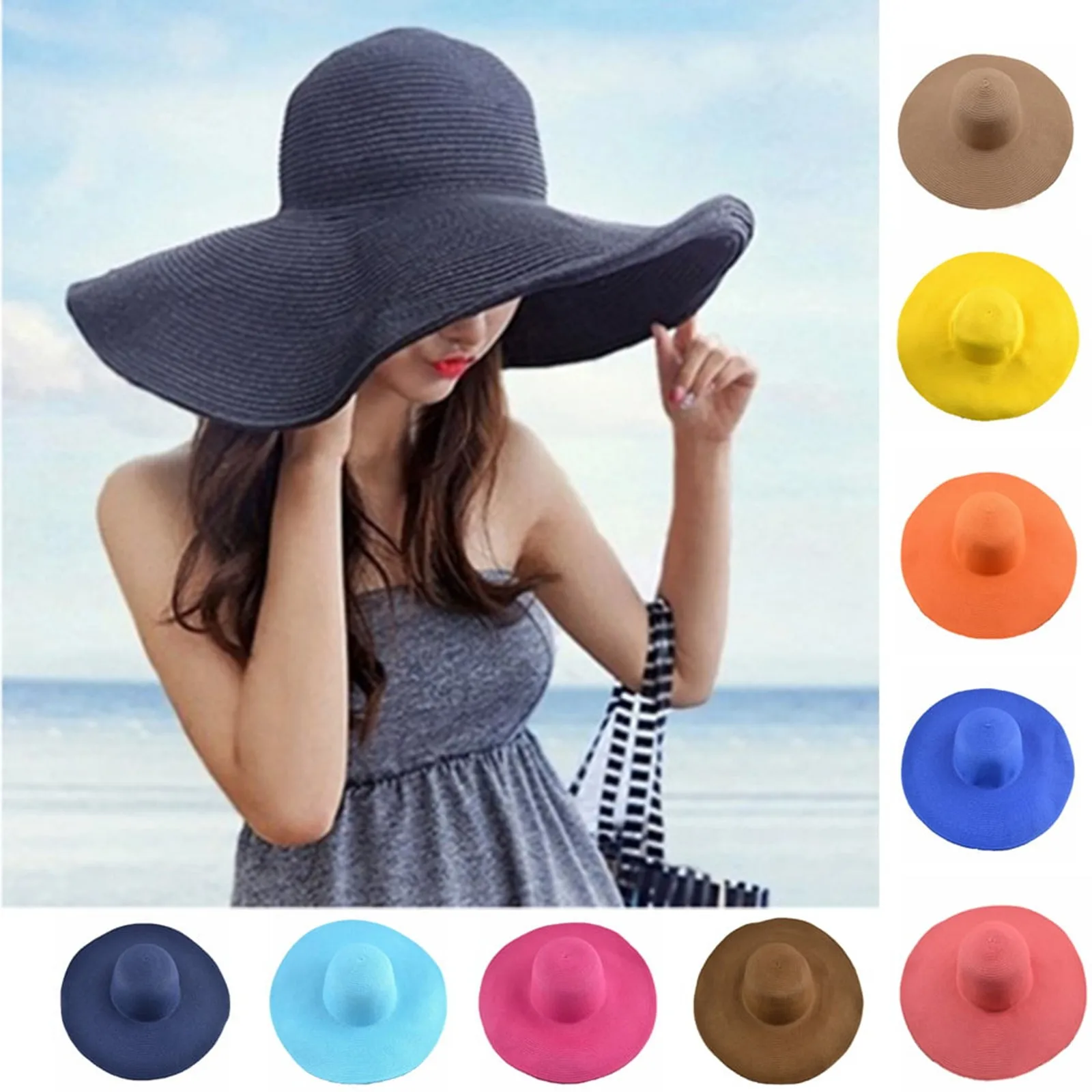 Women\'s Sun Visor Hat Wide Rimmed Summer Foldable Roll Up Beach Hat Solid Colour Casual Outdoor Sun Protection Large Hat