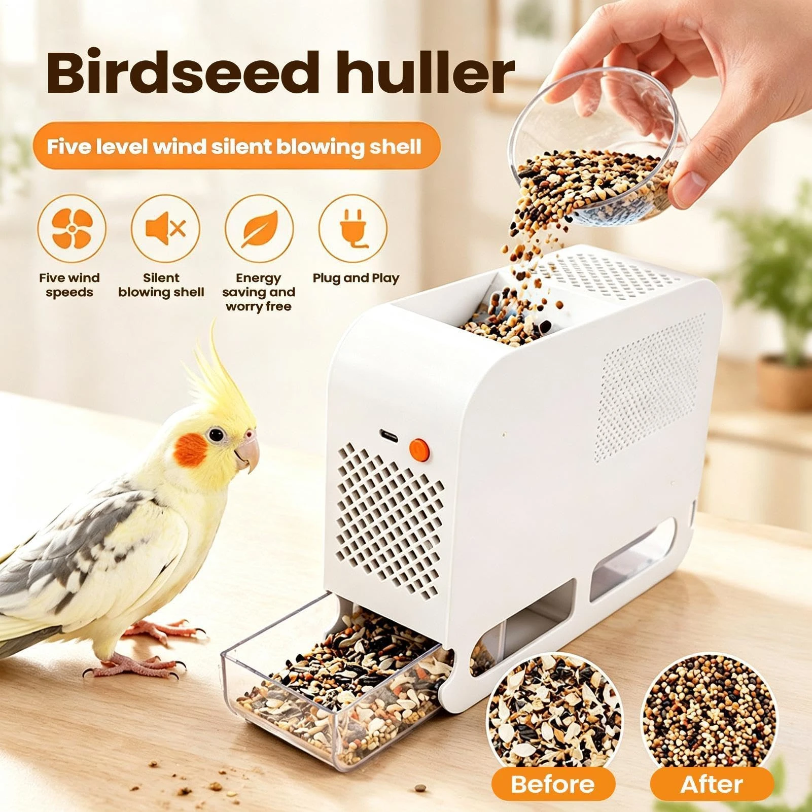 Parrot Bird Food Shelling Machine｜Silent Electric Bird Food Shell Separator｜Dual-Chamber Automatic Separation of Grains and Empty Shells｜Transparent Pet Visible Storage Box｜Efficient and Uniform Airflow｜Suitable for Pe