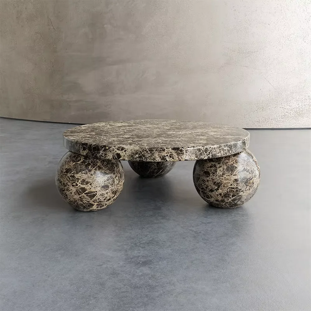 Mesa de centro de mármol travertino mate, diseño moderno, sala de estar, bola de esfera de piedra, Base de mesa de centro de travertino