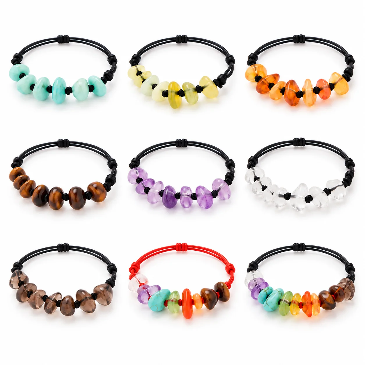 Natural Stone Chip Adjustable String Bracelet with Card Bag Tiger Eye Amazonite Rock Quartz Jewelry Gift for Women Men