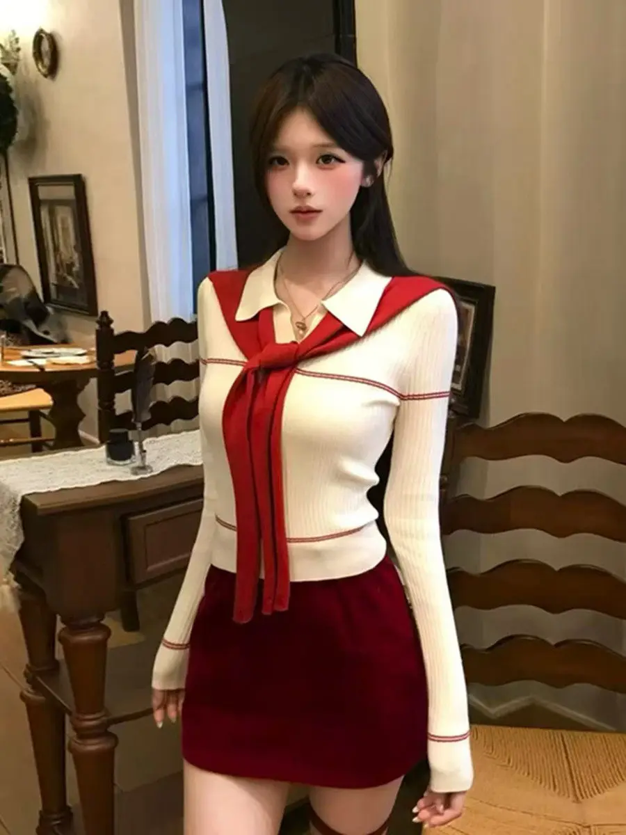 

Early Spring Faion Ne Knitted Top And ort Skirt Two-Piece Set Women's Pure Desire Sle Polyester Fiber Long Sve