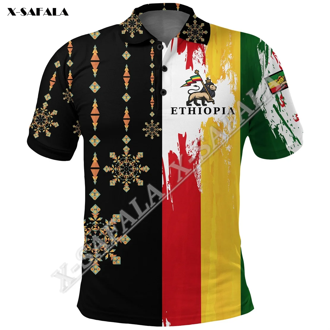 Flag Aztec  Lion Ethiopia United 3D  Printed Men Polo Shirt Collar Short Sleeve Street Wear Casual High-Class Material Tee Tops