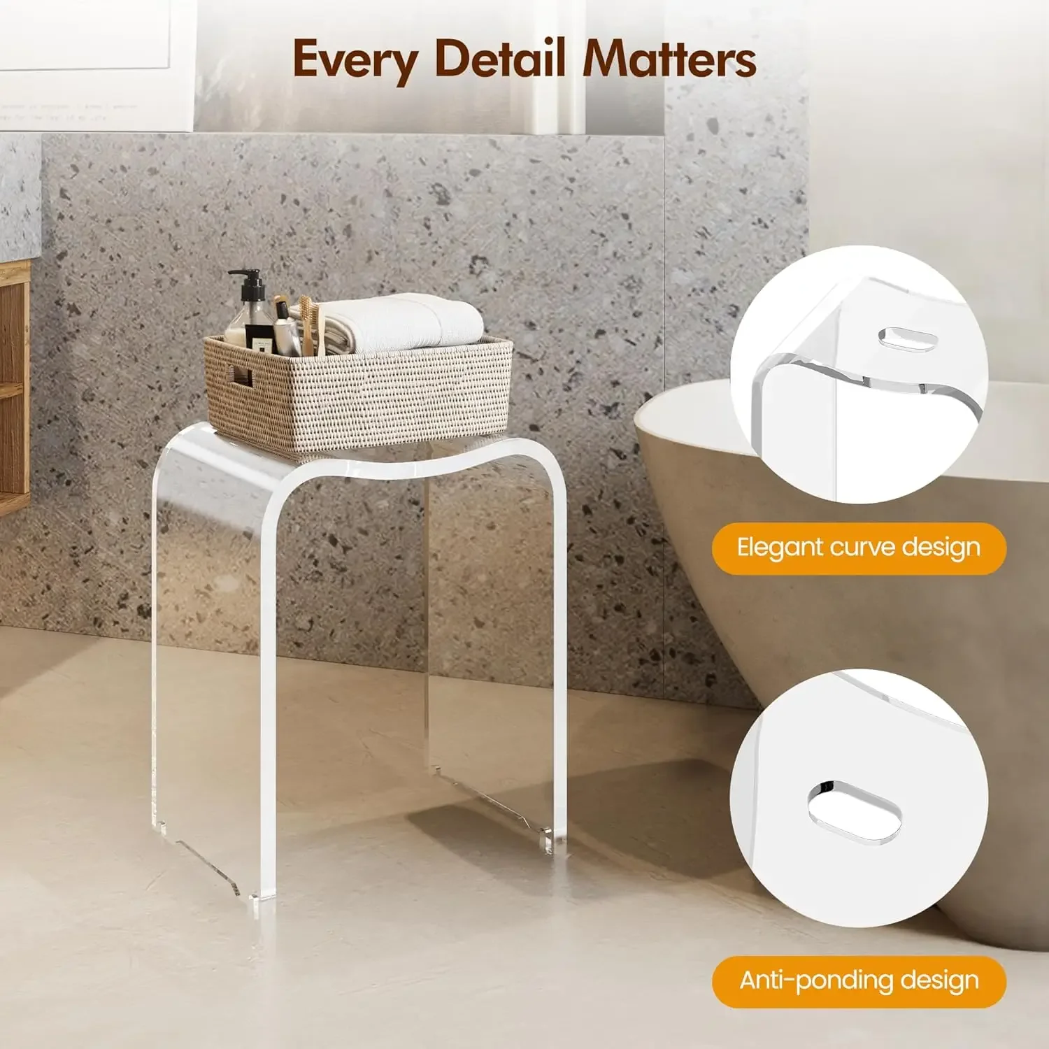 Shower Bench, Clear Shower Stool for Inside Shower, Modern Shower Chair Bath Seat with Rounded Edge,  Weight Capacity