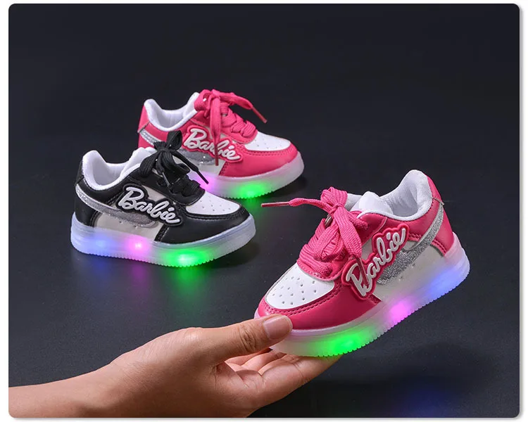 Anime Barbie Girls Letter Luminous Sneakers Cartoon Kids Students Soft-soled Sneaker Children Loose Casual Light Shoes Gifts