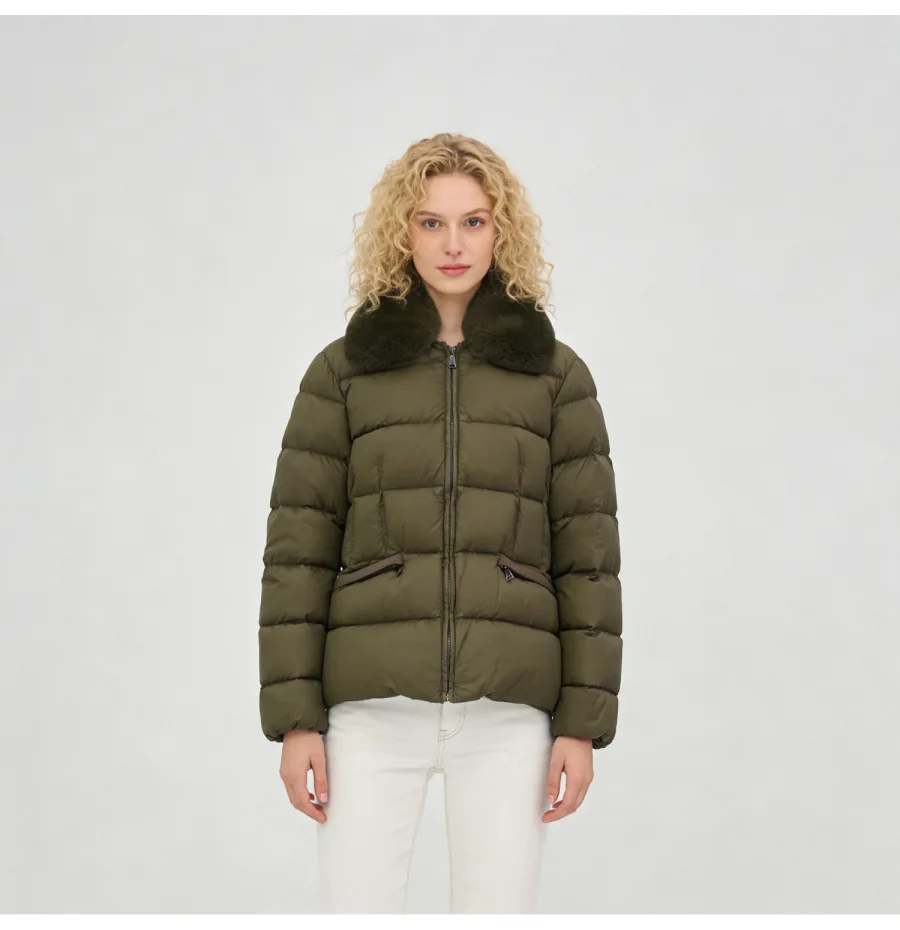 

Fashionable Rabbit Fur Collar Short Down Coats for Women 2026 Autumn and Winter Slim Fit Simple Casual puffer Jacket for Women