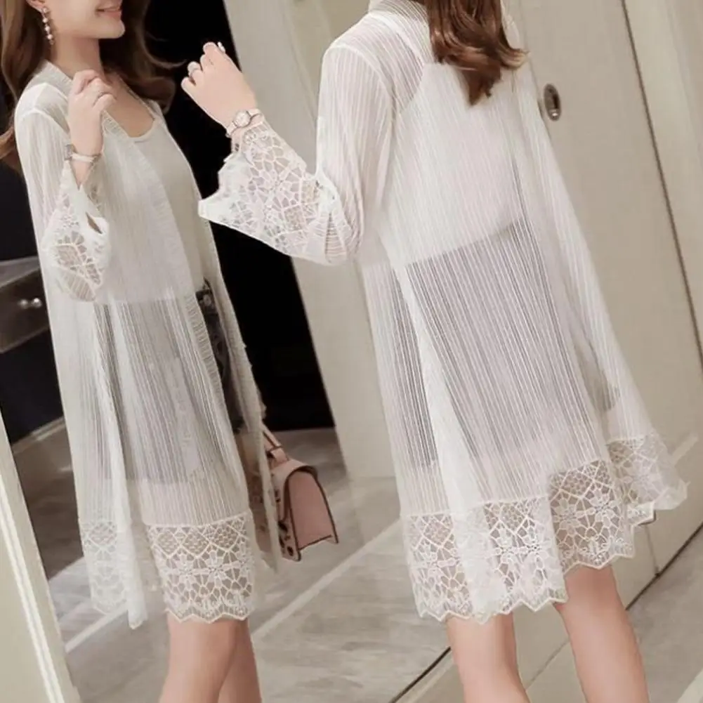 

women Crochet Cardigan See-through Lace Long Sun Protection Cardigan Flared Sleeves Ant UV Beach Cover Up Breathable Shawl Coat