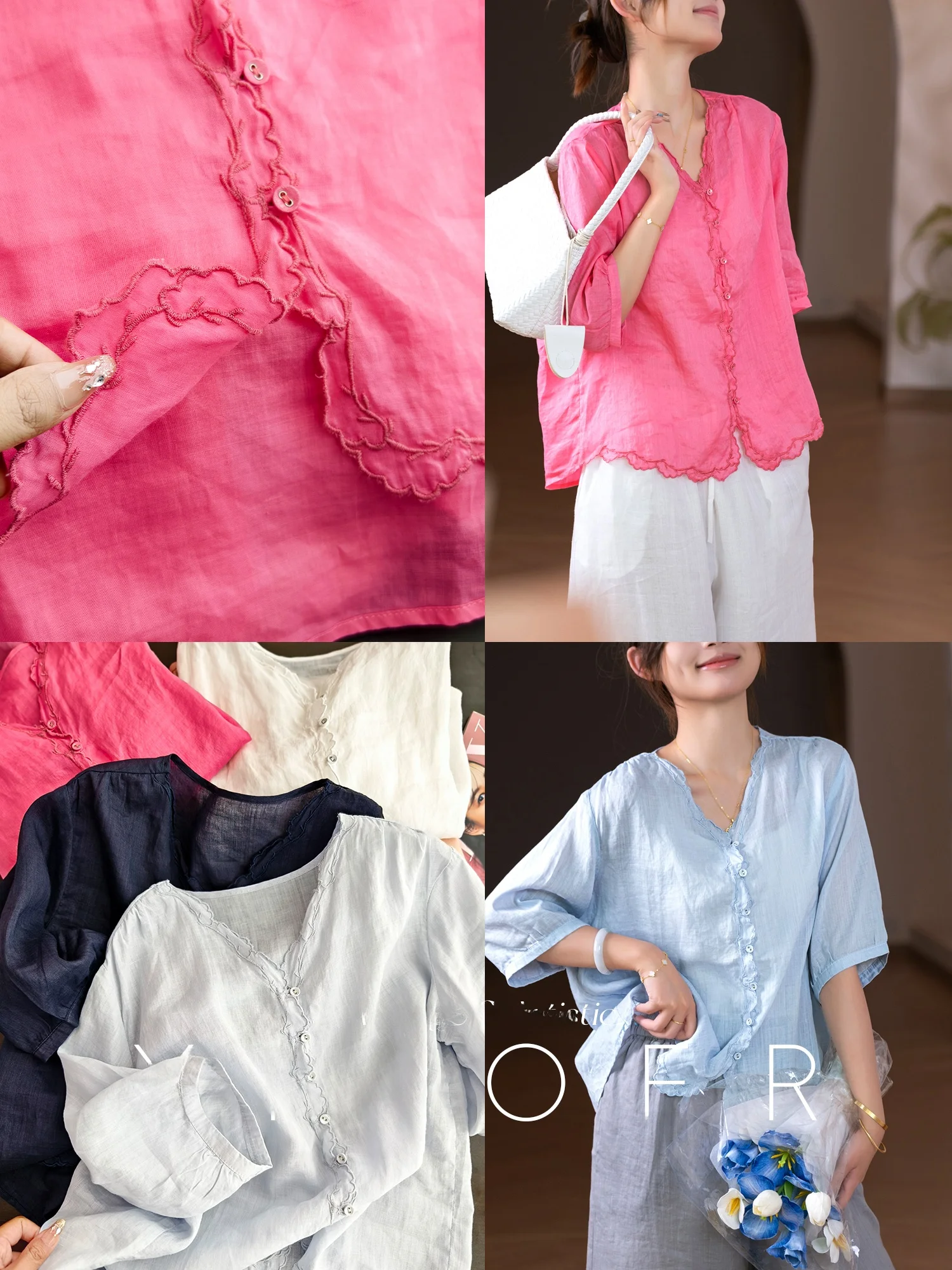 

Free-Stretching V-Ne Embroidered Loose Women's irt 00% Flax Attracting Attention Cuff Design Comfortable Fem Top