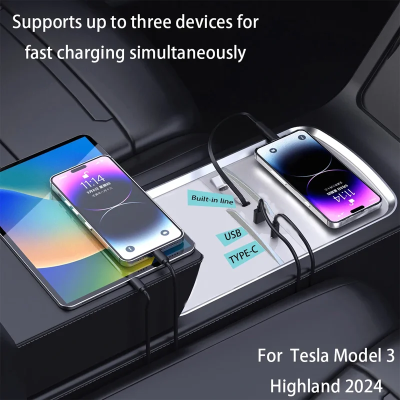 For Tesla Model 3 Highland Central Control Docking Station 80W Smart Sensor 4 Ports USB Type C Accessories Extender Fast Charger