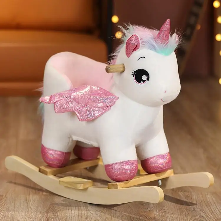 Baby Children Solid Wood Unicorn Rocking Horse Safety Trojan Toddler Rocking Chair Gift Birthday Gift 2-8 Years Old