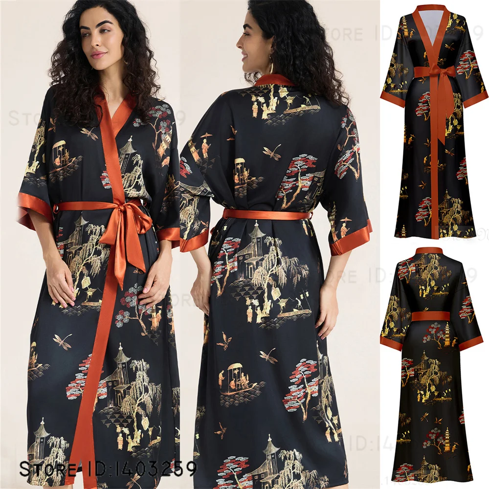 

Кимоно с цветочным принтом, халат, женский халат, длинный халат, ночная рубашка, весна-осень, новая ночная одежда, пеньюар, свободное домашнее платье