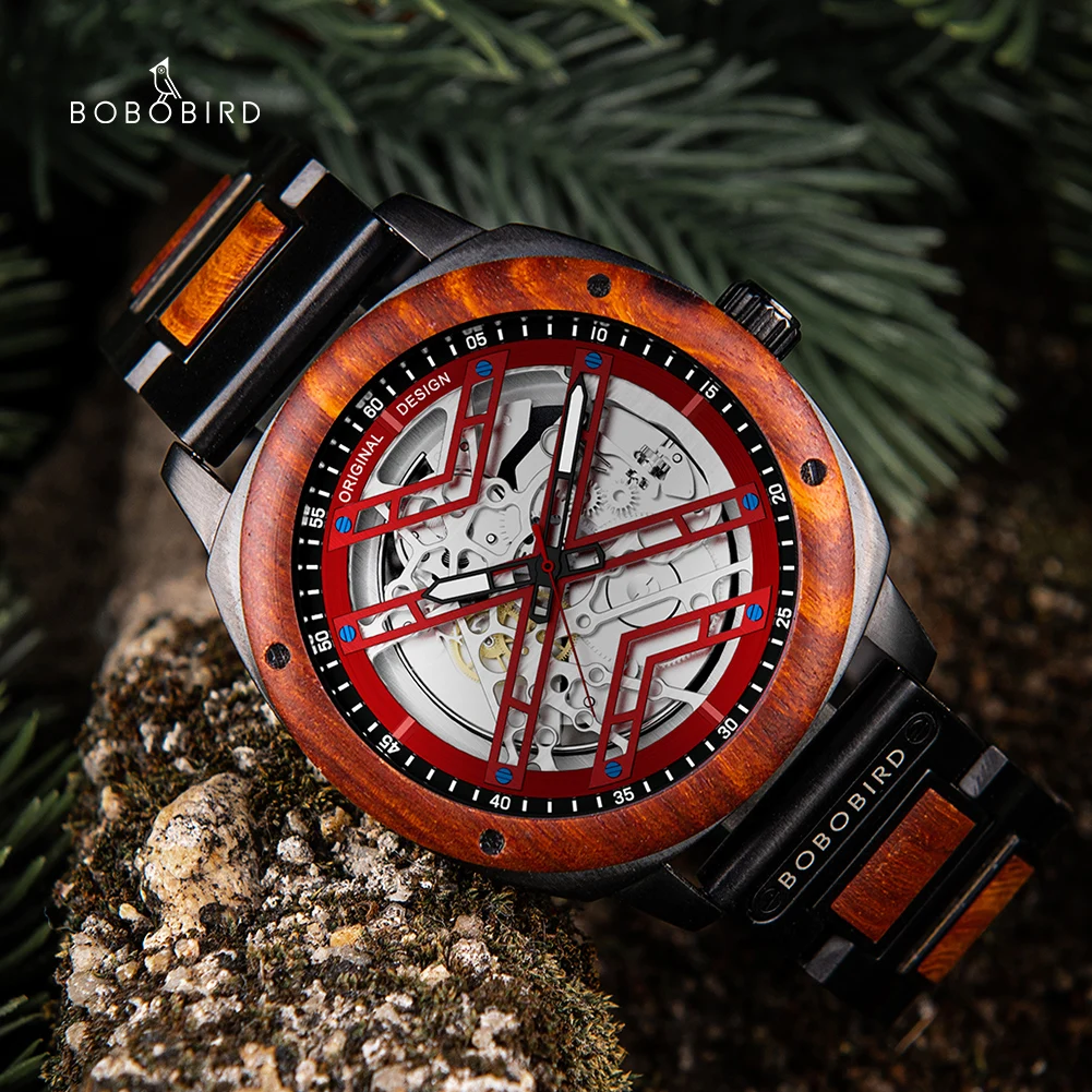 ساعة ميكانيكية أوتوماتيكية BOBO BIRD قمة الموضة الفاخرة للرجال ساعة يد معدنية خشبية ساعة هدية رائعة شعار صندوق مخصص reloj hombre