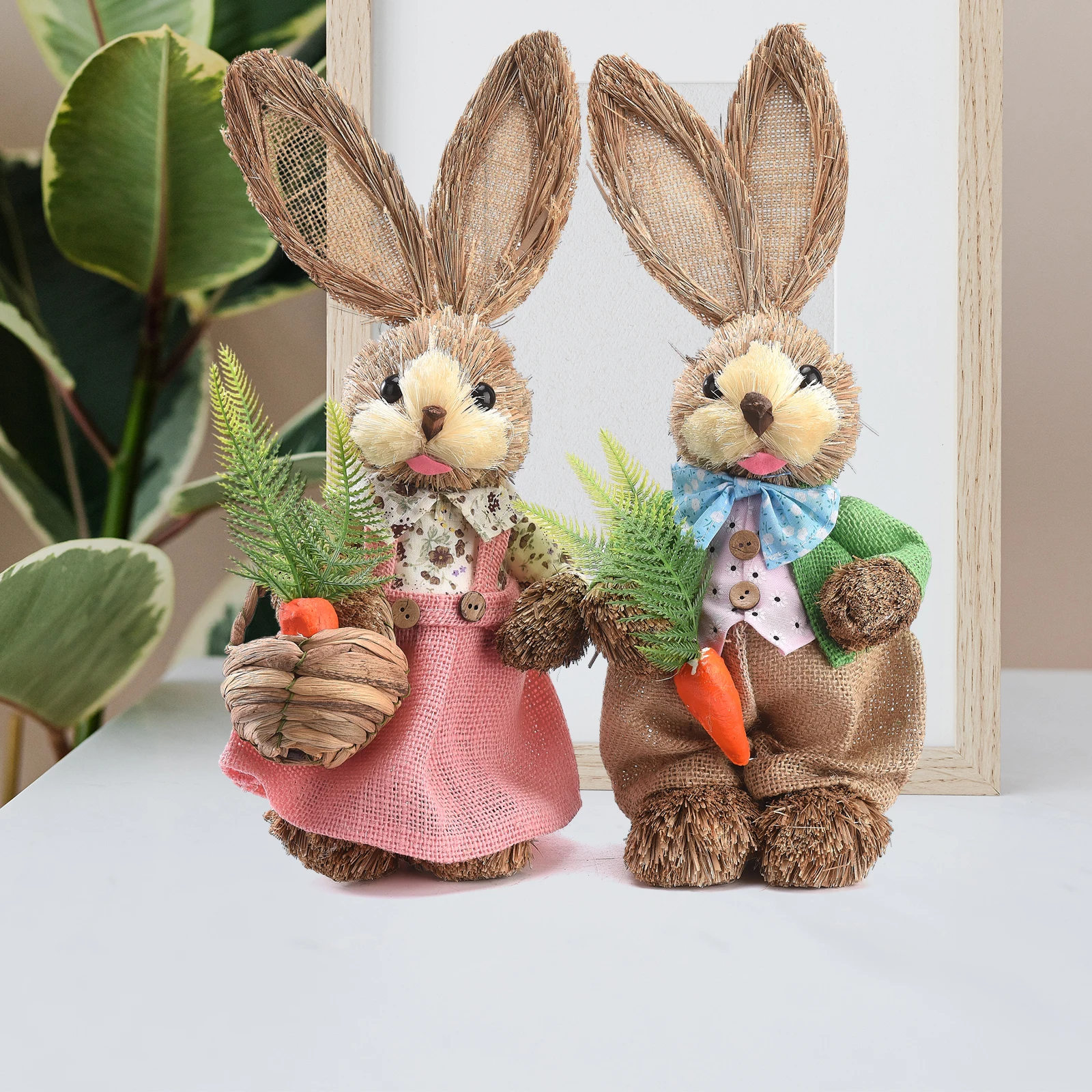 Easter Simulation Straw Bunny Table Decorations Pink And Green 35 Cm Festive Atmosphere Holiday Home Garden Wedding Ornament