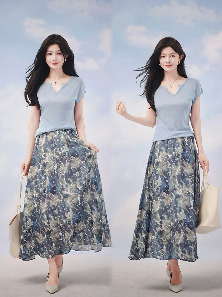 Losse A-lijn rok met print Hoge taille Linnenmix Casual Commute Sle Damesmode Zomer 2025 OAL Blue Series