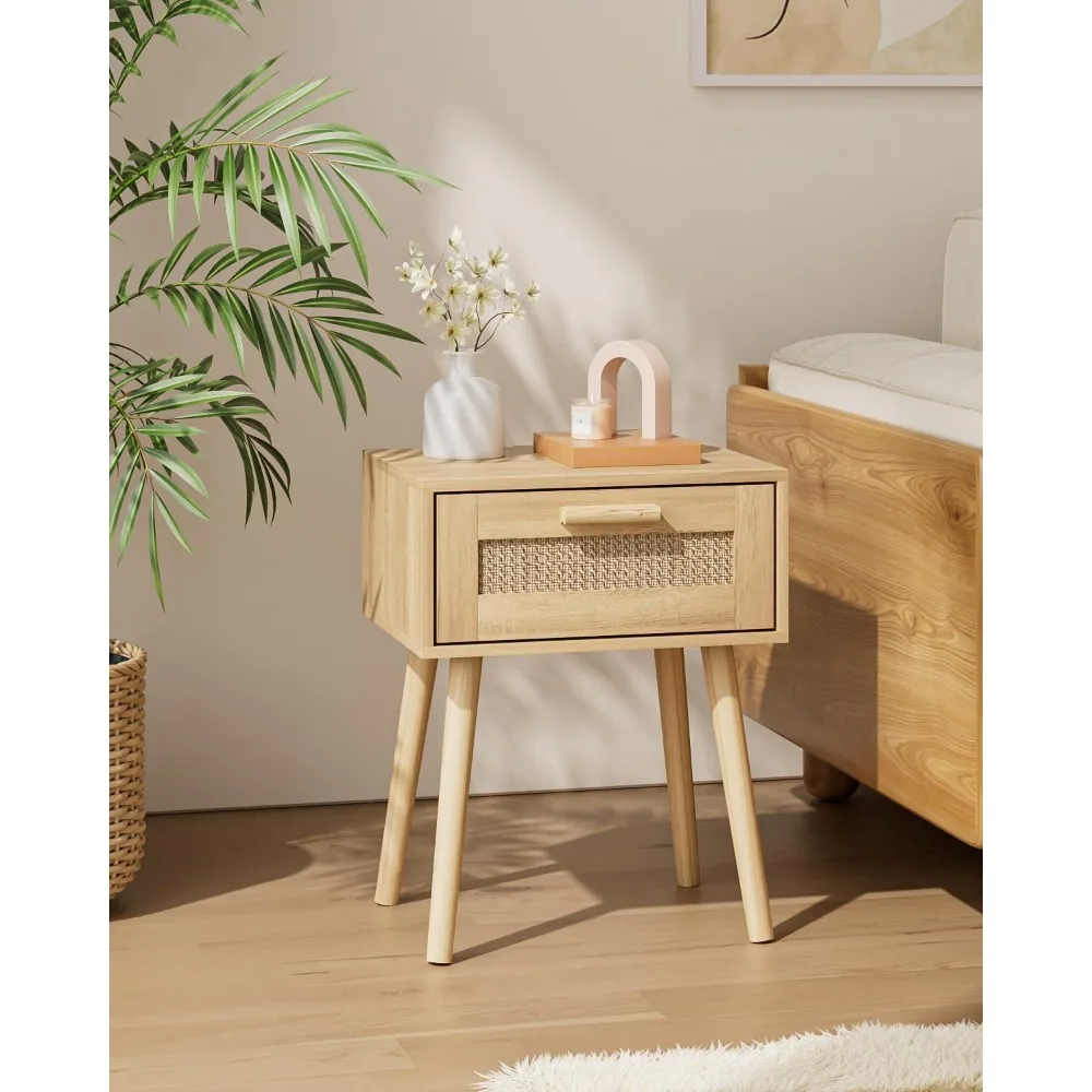 

Rattan Nightstand, Small Night Stand, Side Table with Drawer Open Shelf, Cane Accent Bedside End Table with Wood Legs, Bohemian