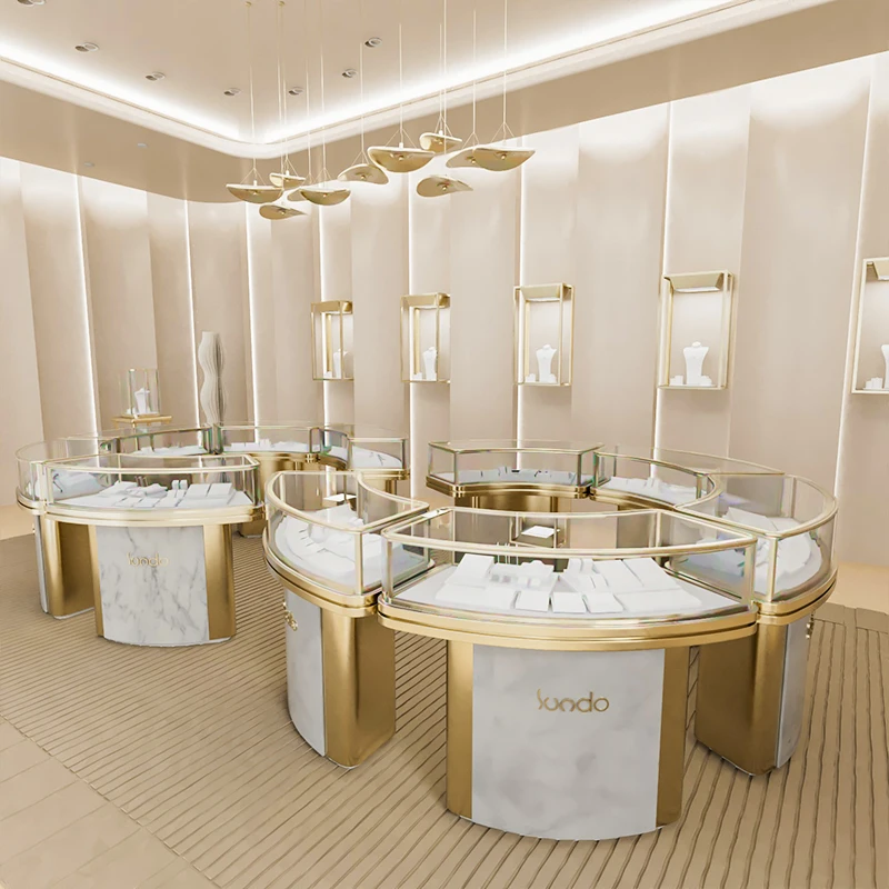 custom，SUNDO custom glass jewellery shop window showcase luxury gold metal glass jewelry display cabinet for retail stores