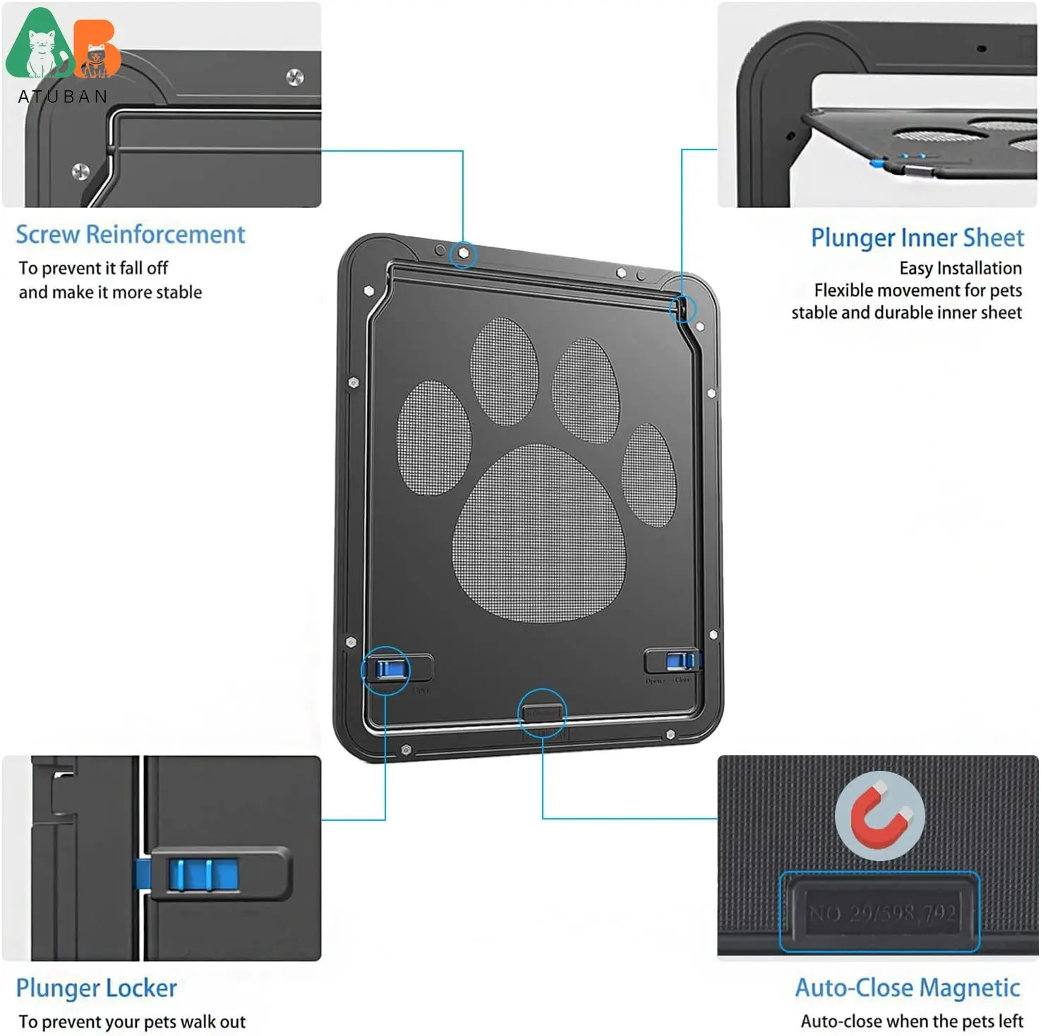 Pet Screen Door,Inside Door 8x10x0.4 inch,Lockable Magnetic Flap Screen Automatic Lockable Black Door for Puppy Dog and Cat Door