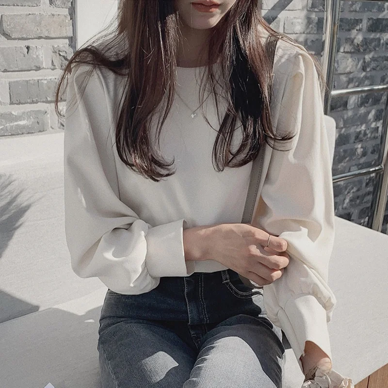 Chic Simple round Ne Loose Fit Long Sve Sun Protection irt Thin Pure Color Casual Top for Women Autumn Season