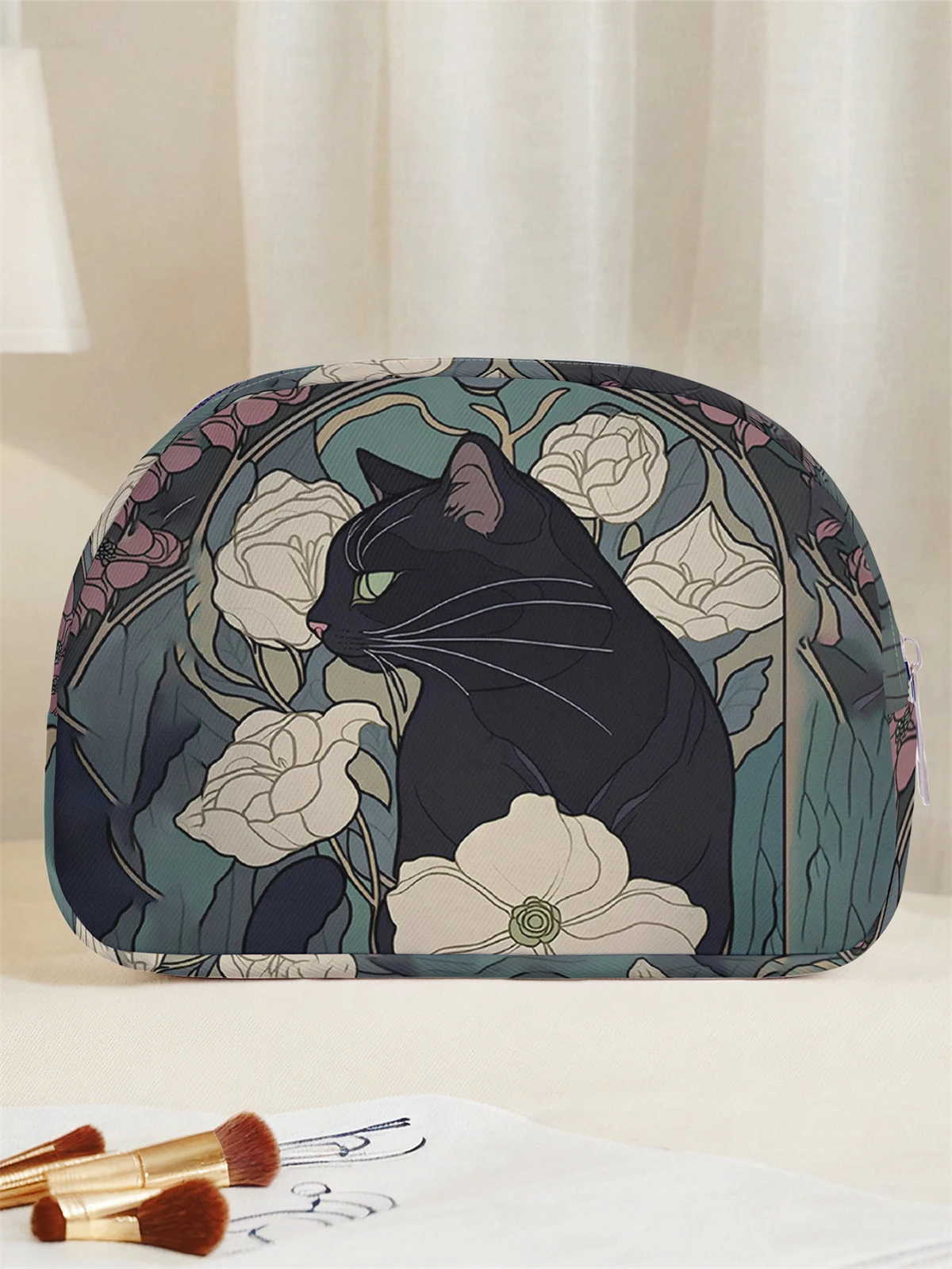 Art Nouveau Schwarze Katze Weißer Blumendruck Kosmetiktasche mit Reißverschluss für Reise-Toilettenartikel-Aufbewahrung – Detail 3