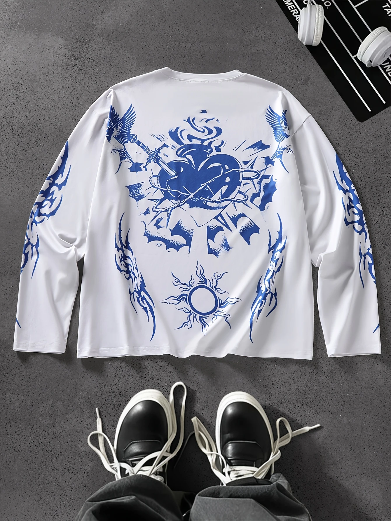 Y2K Dark Thorn Love Printed Long Sleeve T-shirt Street Gothic Style Sun Totem Loose Men's and Women's Casual Hoodie Top
