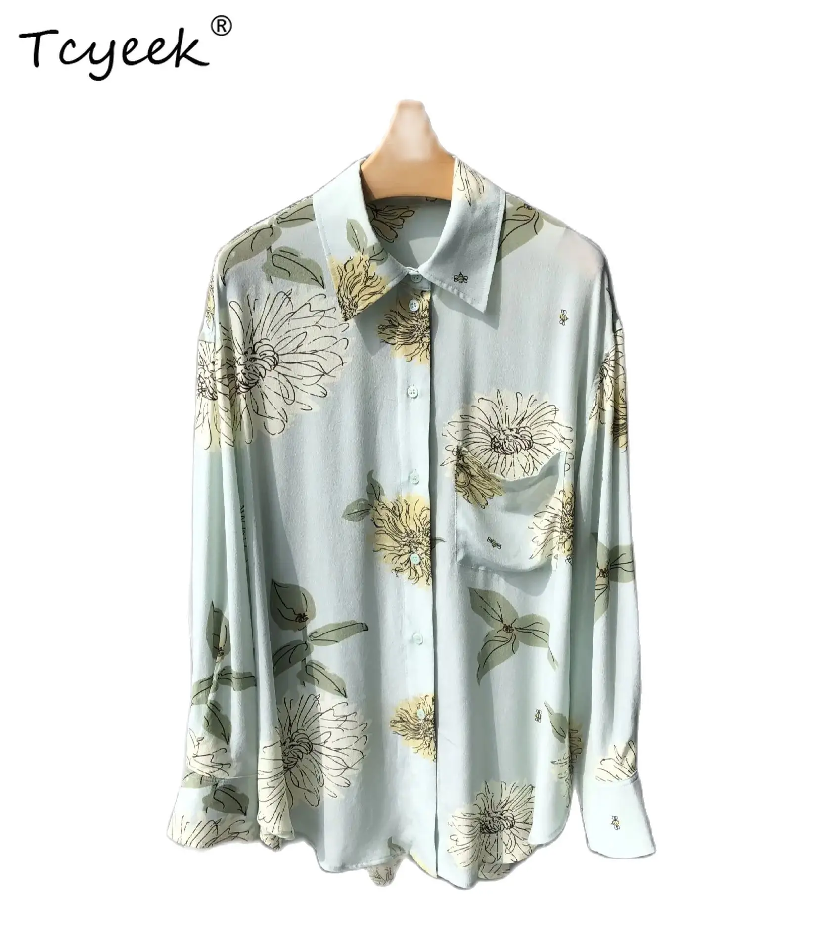 

Tcyeek, элегантная рубашка из 100% натурального шелка 17 мм, женская рубашка с длинным рукавом с принтом, французская повседневная блузка для отпуска, лето-осень 2024 T47532QC