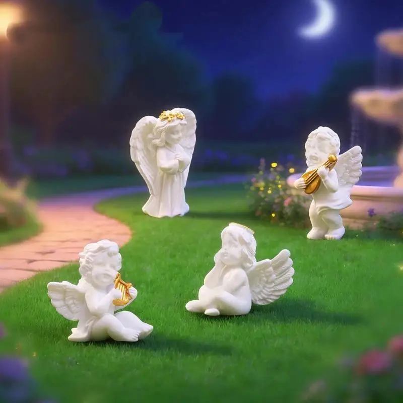 [J] Mini Resin Angel Figurine With Adorable Golden Details And Roman Pillars Perfect For Garden Patio Desktop Home Decor