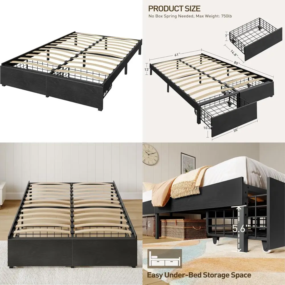 13 Inch Full-Size Metal Bed Frame with Storage Drawers and Wooden Slat Support, Headboard Accessible Storage Below
