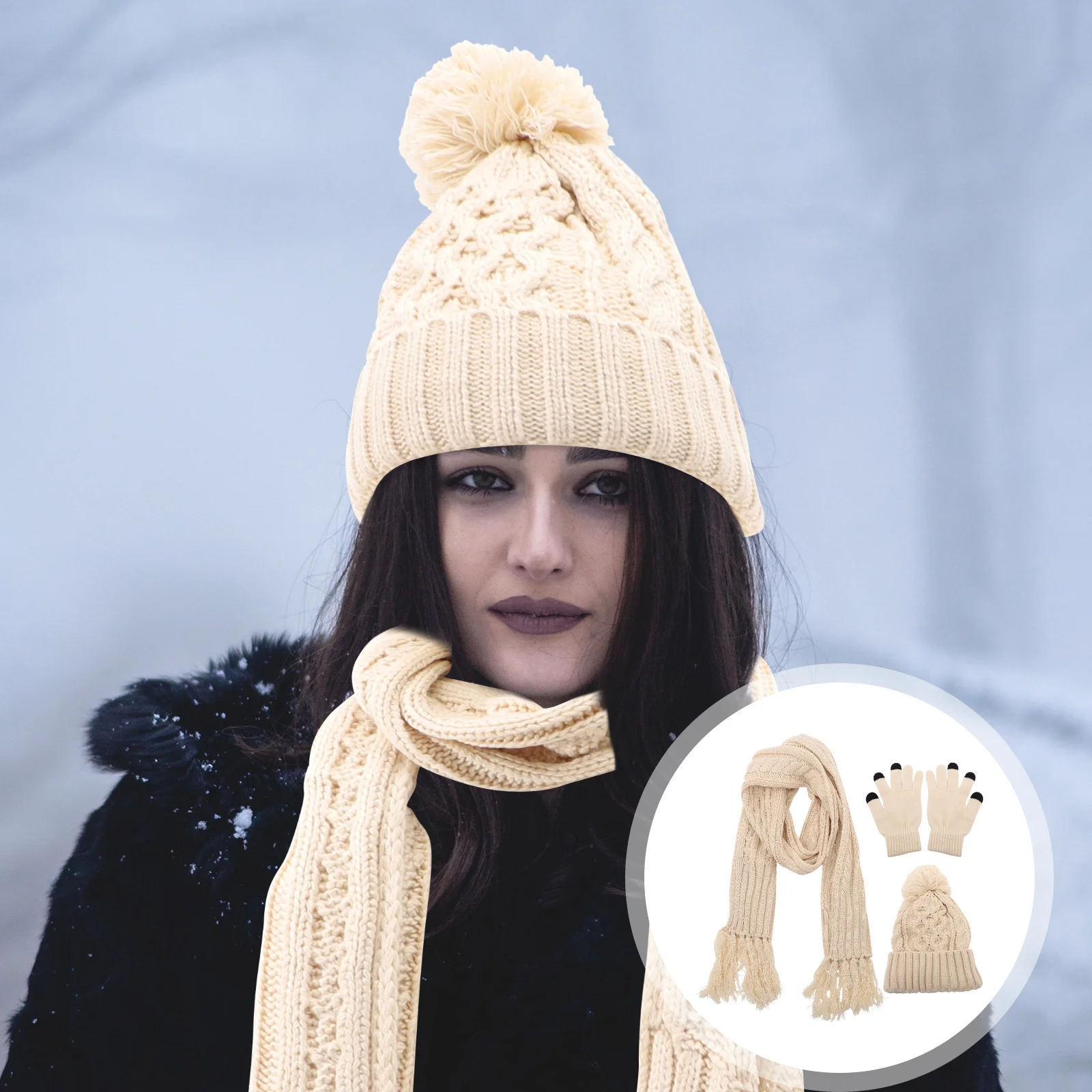1 Juego de gorro, bufanda, guantes, conjunto de gorro cálido, gorro grueso de invierno para mujer, accesorios de esquí plegables, equipo de nieve tejido