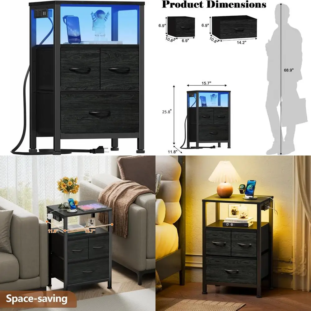 

25.8" led-lit wood shelf nightstand with charging station & fabric drawers