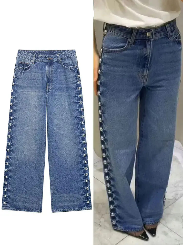 

Женские модные прямые джинсы для поездок на работу, расклешенные джинсовые брюки с заклепками, универсальные женские широкие длинные брюки 2025 года