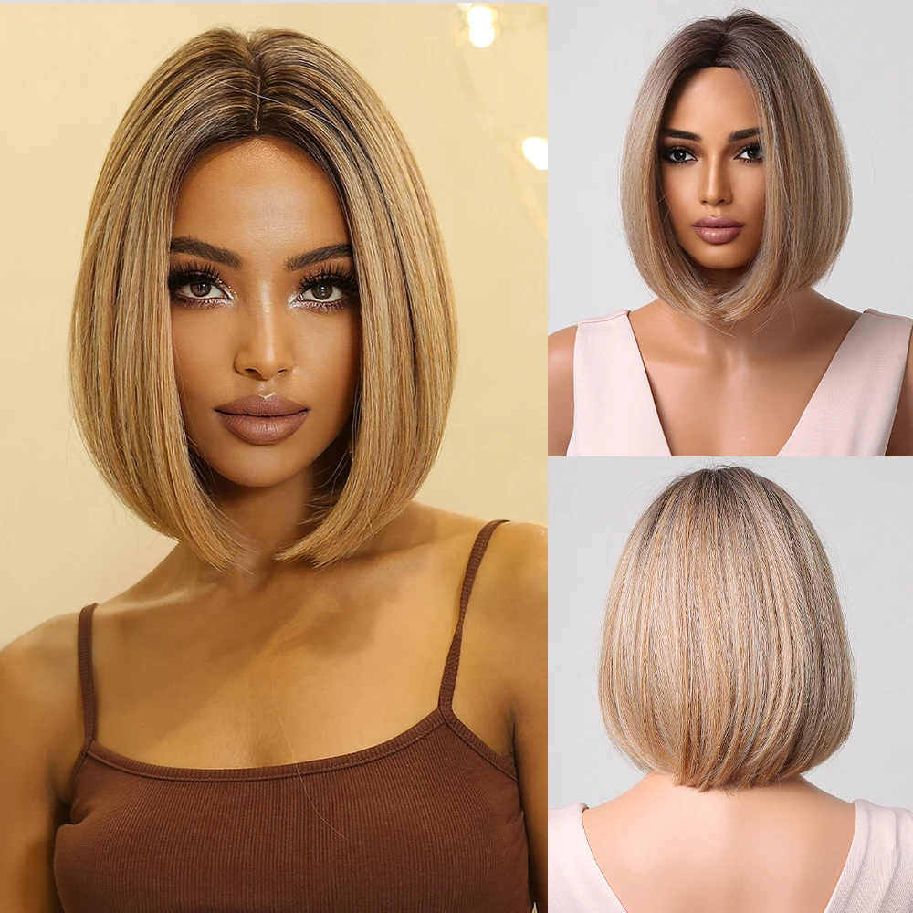 Golden Bob Wig for Women Middle Part Wigs Blonde Ombre Short Straight Synthetic Hair Wig Heat Resistant for Daily Cosplay Wigs